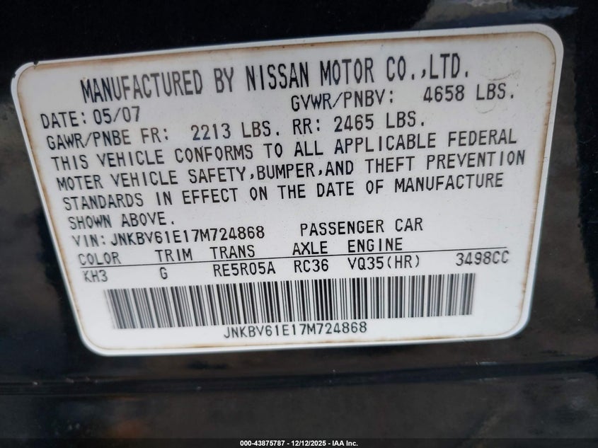 JNKBV61E17M724868 2007 INFINITI G photo no. 9