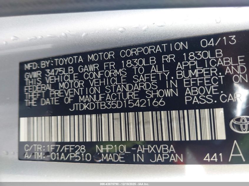 2013 Toyota Prius C Two VIN: JTDKDTB35D1542166 Lot: 43875790