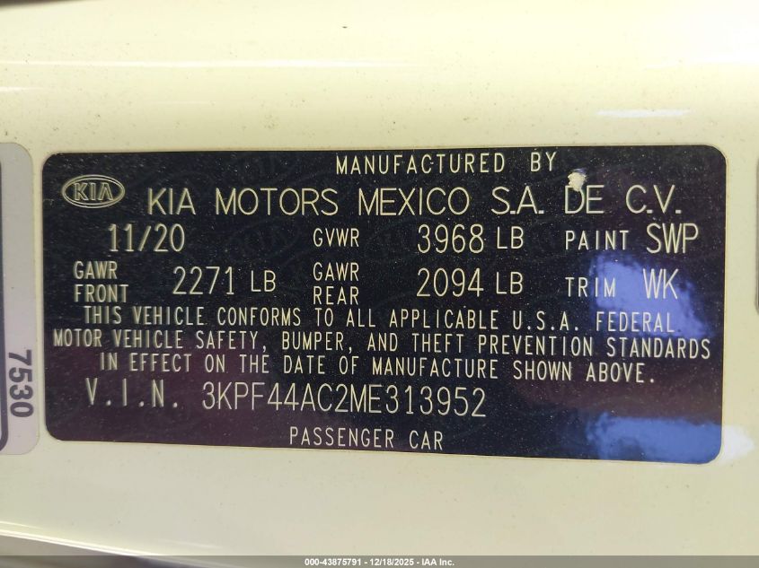 2021 Kia Forte Gt VIN: 3KPF44AC2ME313952 Lot: 43875791