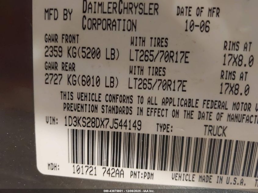 2007 Dodge Ram 2500 Slt/Trx4 Off Road/Sport/Power Wagon VIN: 1D3KS28DX7J544149 Lot: 43875801