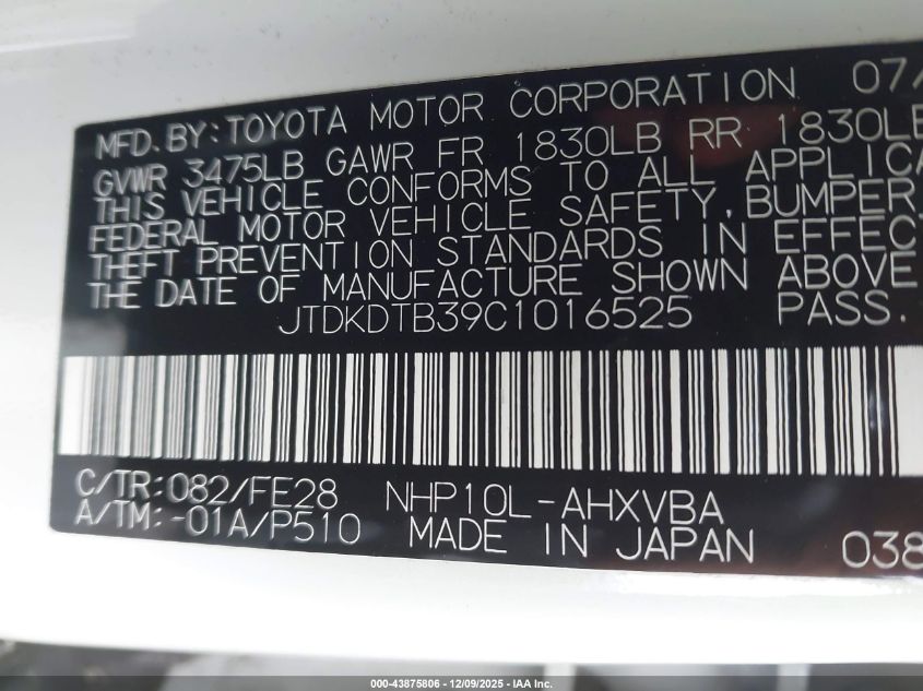 2012 Toyota Prius C One VIN: JTDKDTB39C1016525 Lot: 43875806