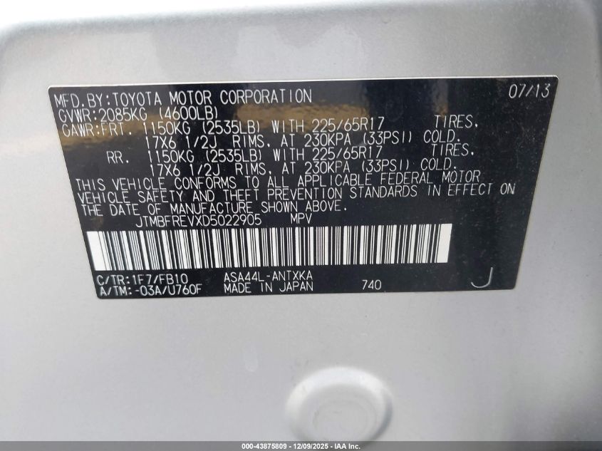 2013 Toyota Rav4 Le VIN: JTMBFREVXD5022905 Lot: 43875809