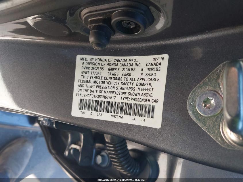 2016 Honda Civic Ex-T VIN: 2HGFC1F38GH636617 Lot: 43875832