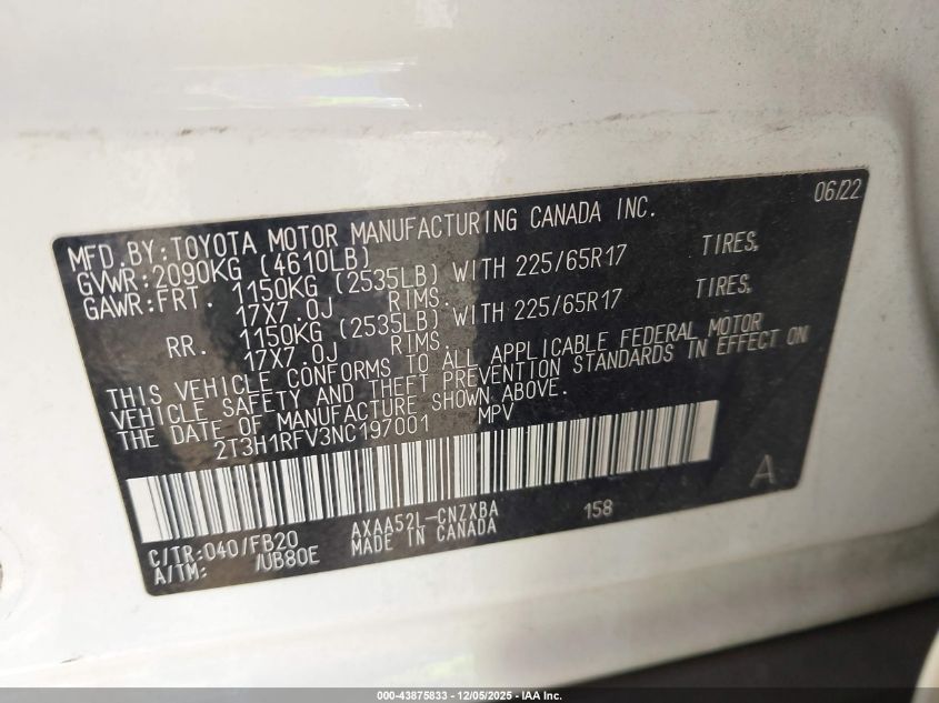 2022 Toyota Rav4 Le VIN: 2T3H1RFV3NC197001 Lot: 43875833