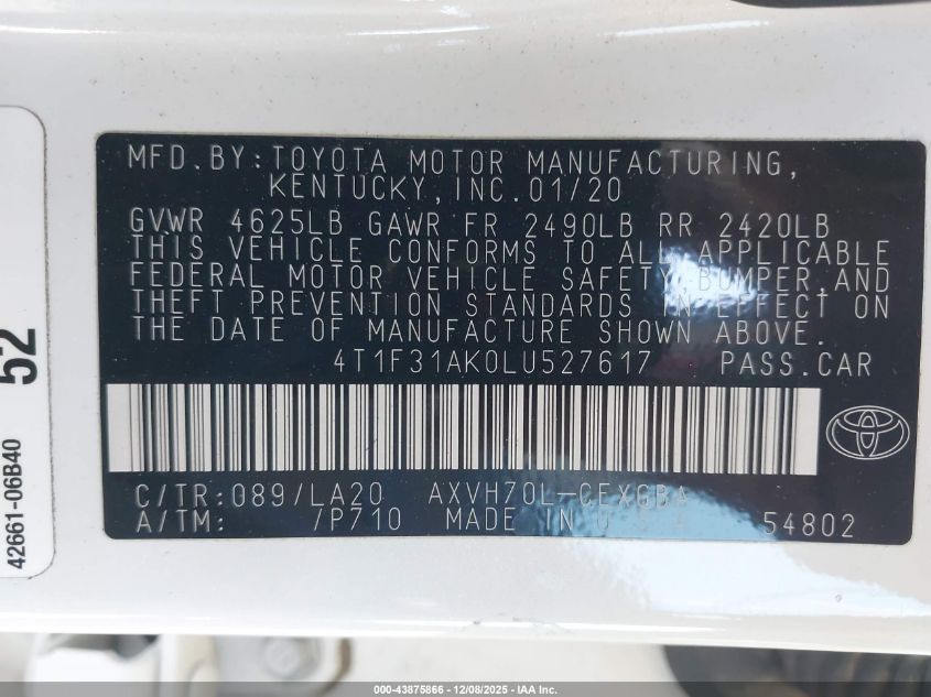 2020 Toyota Camry Xle Hybrid VIN: 4T1F31AK0LU527617 Lot: 43875866