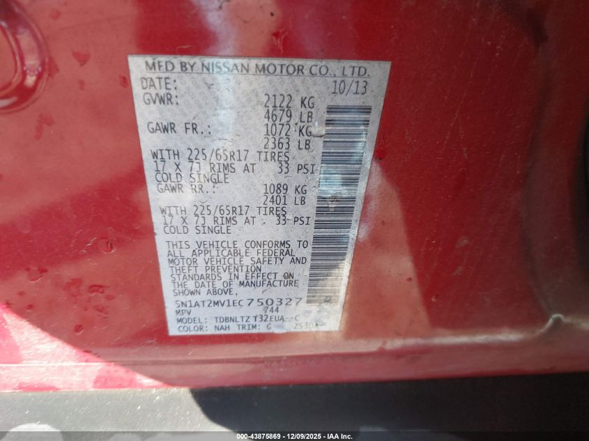 2014 Nissan Rogue Sv VIN: 5N1AT2MV1EC750327 Lot: 43875869