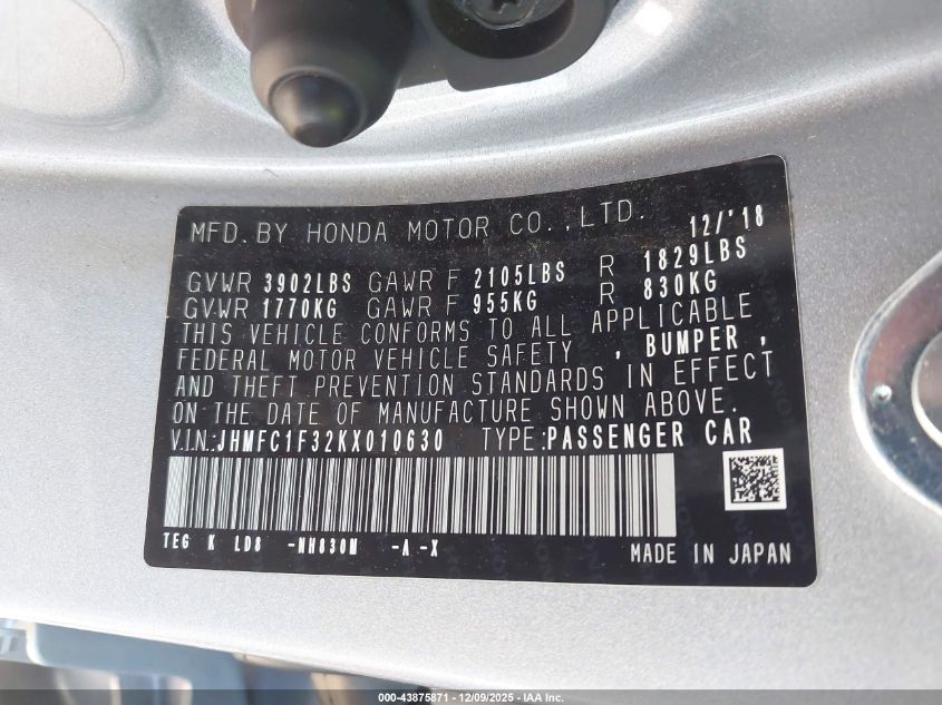 2019 Honda Civic Ex VIN: JHMFC1F32KX010630 Lot: 43875871