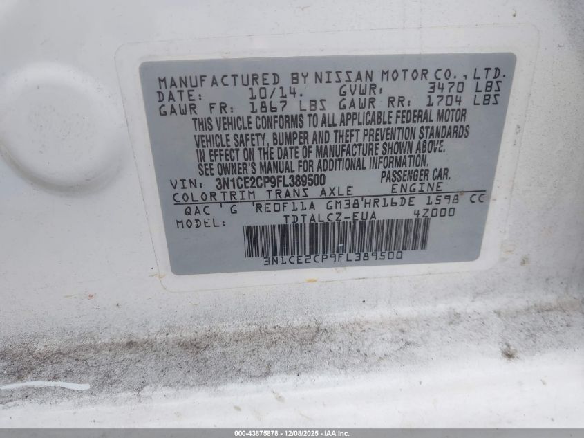 2015 Nissan Versa Note S Plus VIN: 3N1CE2CP9FL389500 Lot: 43875878