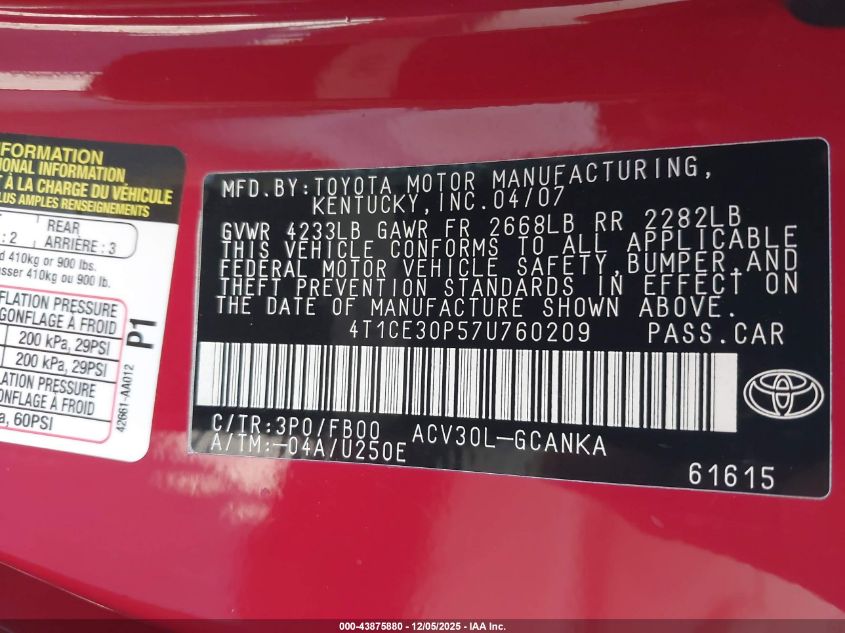 2007 Toyota Camry Solara Se VIN: 4T1CE30P57U760209 Lot: 43875880