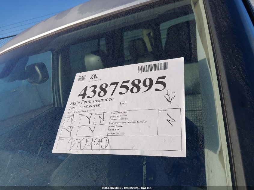 2006 Land Rover Lr3 V8 Se VIN: SALAE25446A398273 Lot: 43875895