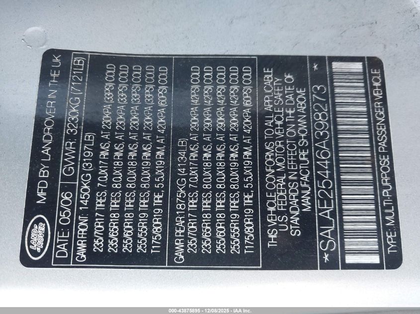 2006 Land Rover Lr3 V8 Se VIN: SALAE25446A398273 Lot: 43875895