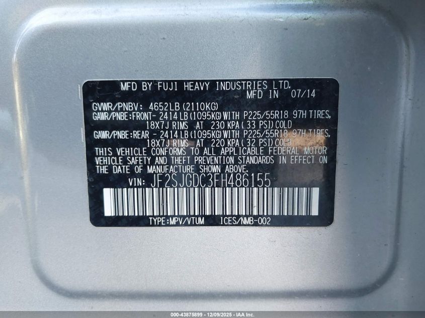 2015 Subaru Forester 2.0Xt Premium VIN: JF2SJGDC3FH486155 Lot: 43875899