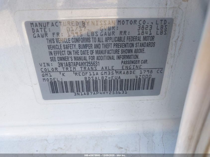 2017 Nissan Sentra S VIN: 3N1AB7AP4HY255631 Lot: 43875900