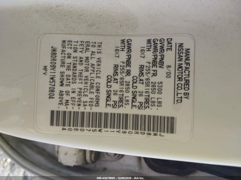 2001 Nissan Pathfinder Le VIN: JN8DR09Y11W570804 Lot: 43875905