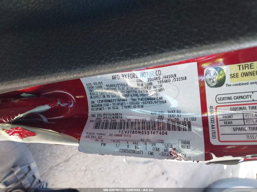 2005 Ford Mustang V6 Deluxe/V6 Premium VIN: 1ZVFT80N855167404 Lot: 43875913