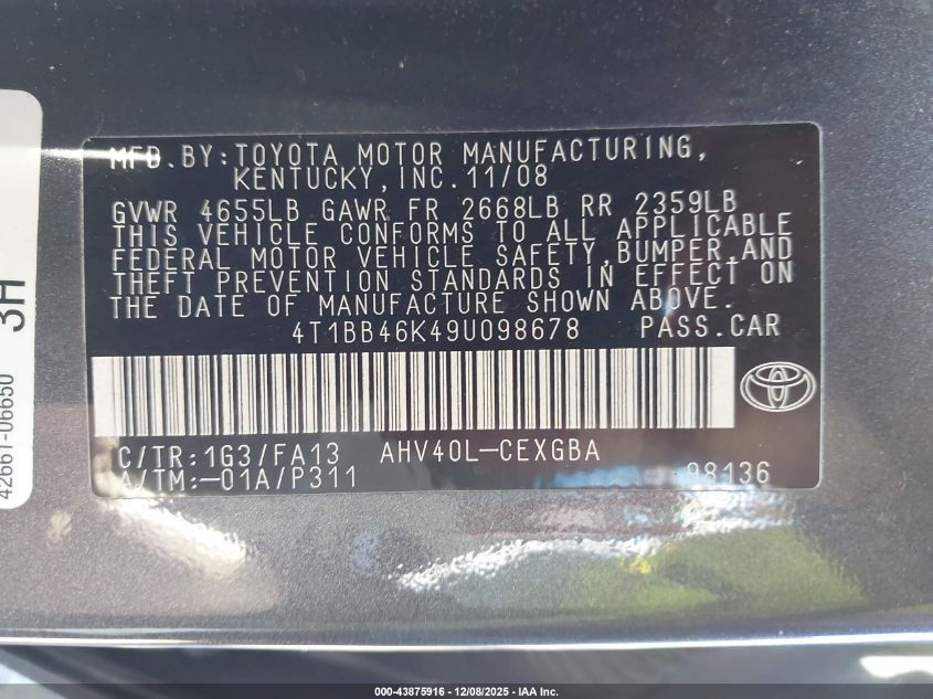 2009 Toyota Camry Hybrid VIN: 4T1BB46K49U098678 Lot: 43875916