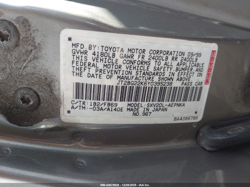 2000 Toyota Camry Ce/Le/Xle VIN: JT2BG22K6Y0395238 Lot: 43875926