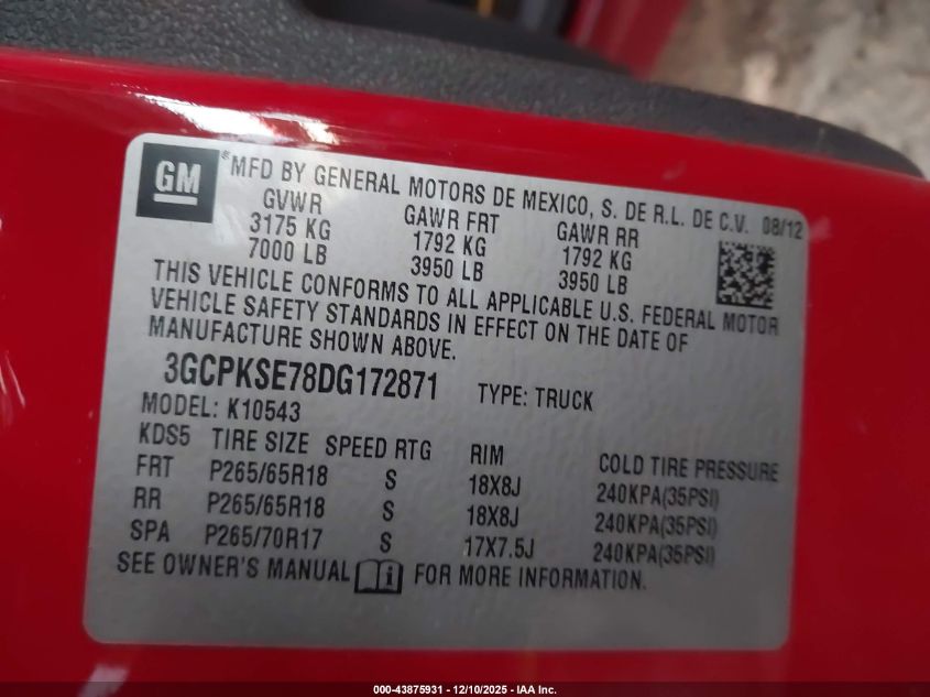 2013 Chevrolet Silverado 1500 Lt VIN: 3GCPKSE78DG172871 Lot: 43875931