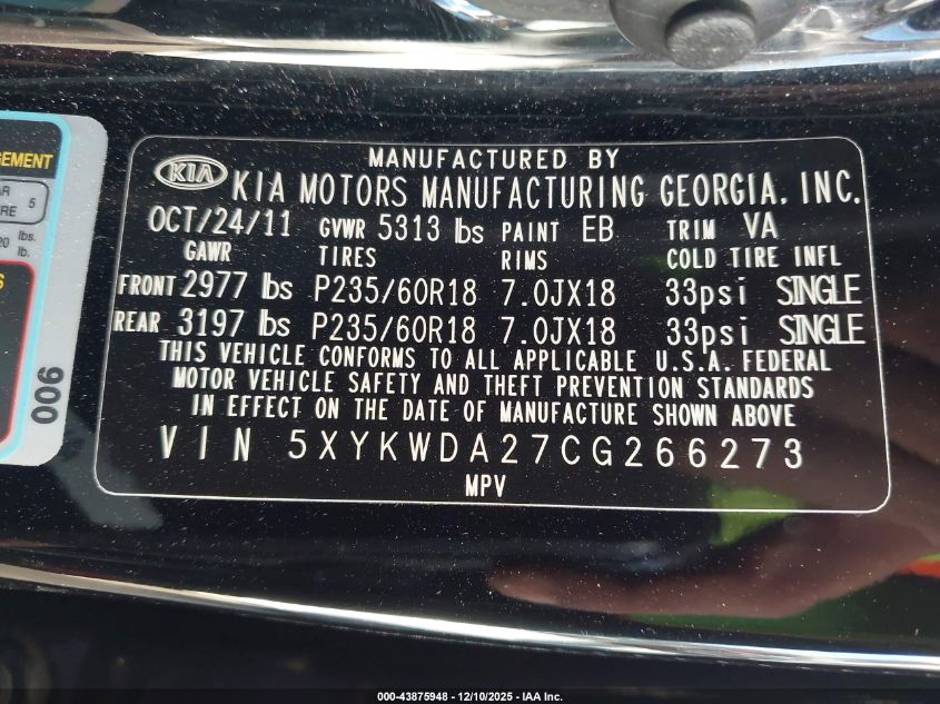 2012 Kia Sorento Sx V6 VIN: 5XYKWDA27CG266273 Lot: 43875948