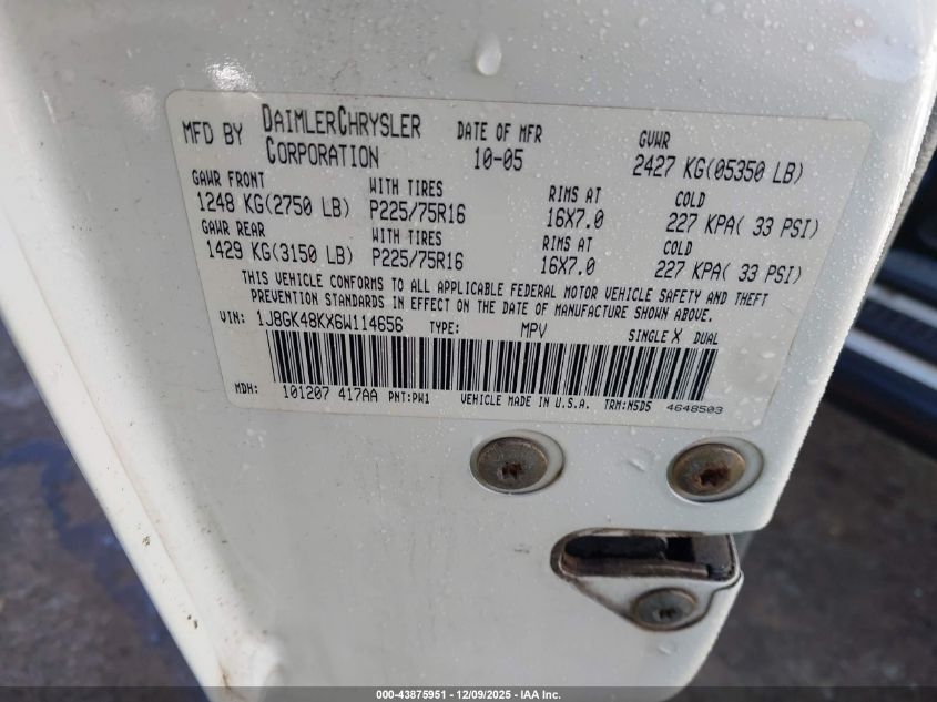 2006 Jeep Liberty Sport VIN: 1J8GK48KX6W114656 Lot: 43875951