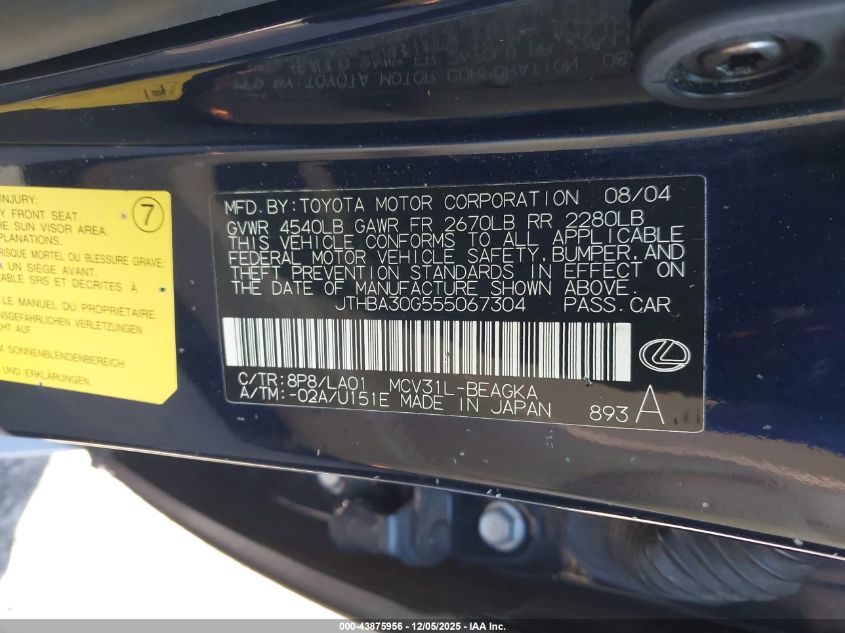 2005 Lexus Es 330 VIN: JTHBA30G555067304 Lot: 43875956