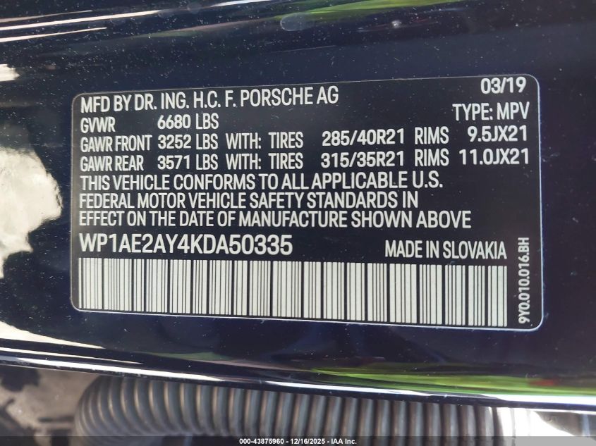 2019 Porsche Cayenne E-Hybrid VIN: WP1AE2AY4KDA50335 Lot: 43875960