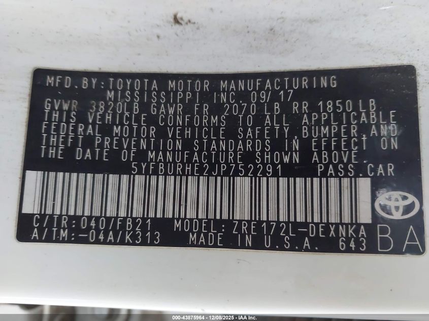 2018 Toyota Corolla Le VIN: 5YFBURHE2JP752291 Lot: 43875964
