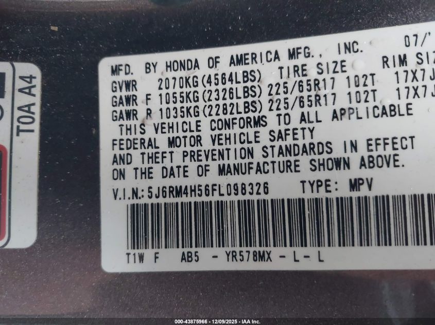 2015 Honda Cr-V Ex VIN: 5J6RM4H56FL098326 Lot: 43875966