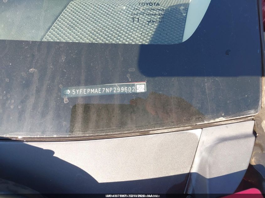 2022 Toyota Corolla Le VIN: 5YFEPMAE7NP299602 Lot: 43875967