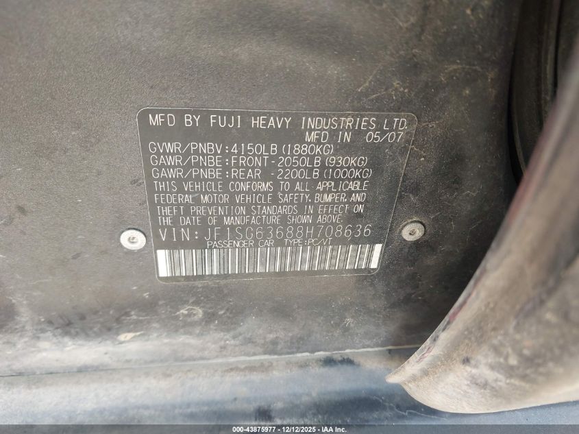 2008 Subaru Forester 2.5X VIN: JF1SG63688H708636 Lot: 43875977