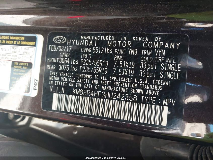 2017 Hyundai Santa Fe Limited Ultimate VIN: KM8SR4HF3HU242358 Lot: 43875982