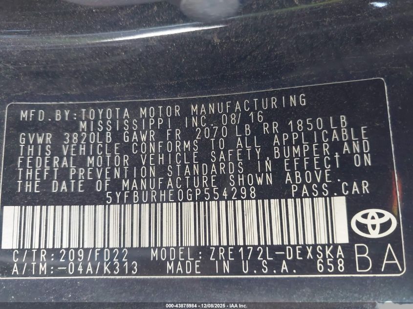 2016 Toyota Corolla S Plus VIN: 5YFBURHE0GP554298 Lot: 43875984