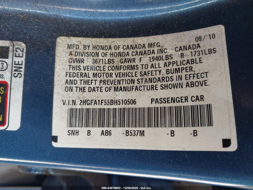 2011 Honda Civic Lx VIN: 2HGFA1F55BH510506 Lot: 43876002