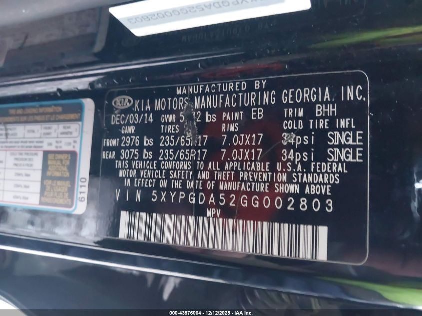 2016 Kia Sorento 3.3L Lx VIN: 5XYPGDA52GG002803 Lot: 43876004