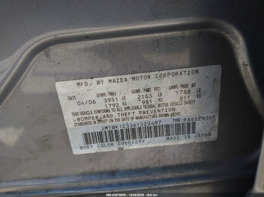 2006 Mazda Mazda3 S VIN: JM1BK123361523497 Lot: 43876005