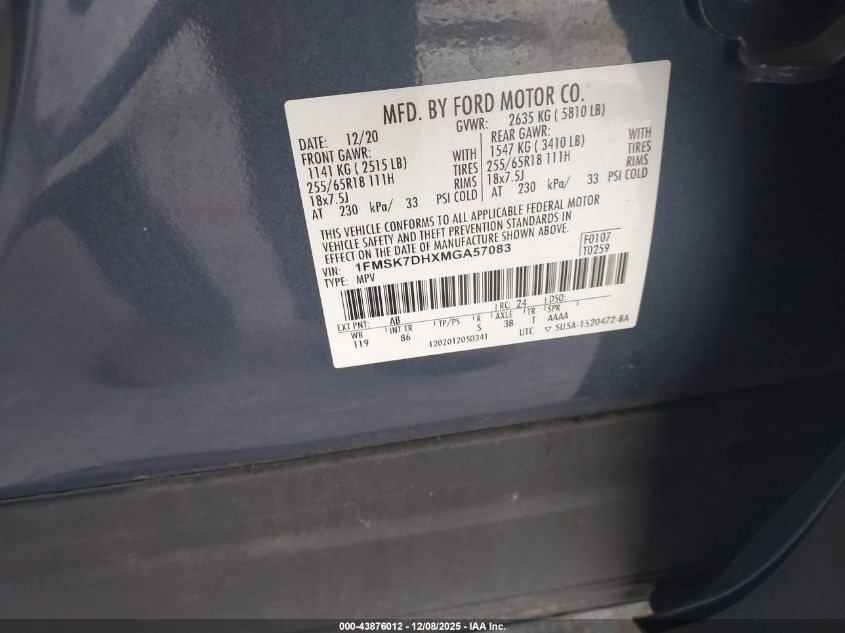 2021 Ford Explorer Xlt VIN: 1FMSK7DHXMGA57083 Lot: 43876012