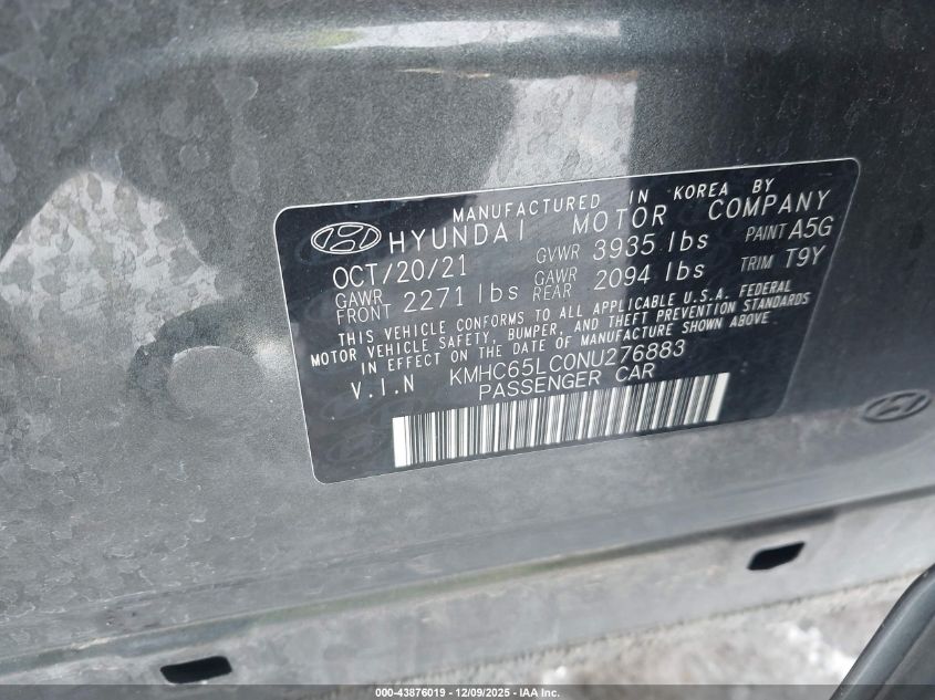 2022 Hyundai Ioniq Hybrid Blue VIN: KMHC65LC0NU276883 Lot: 43876019