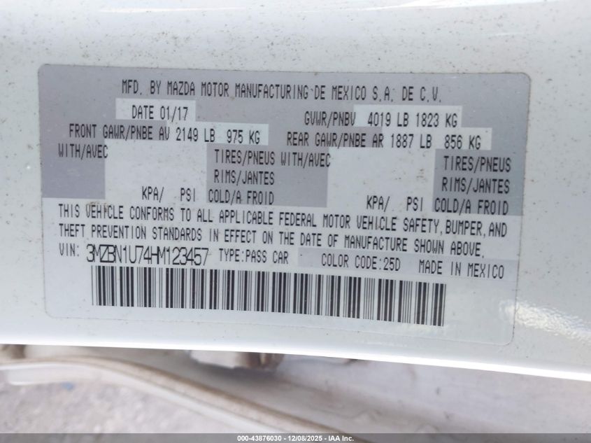 2017 Mazda Mazda3 Sport VIN: 3MZBN1U74HM123457 Lot: 43876030