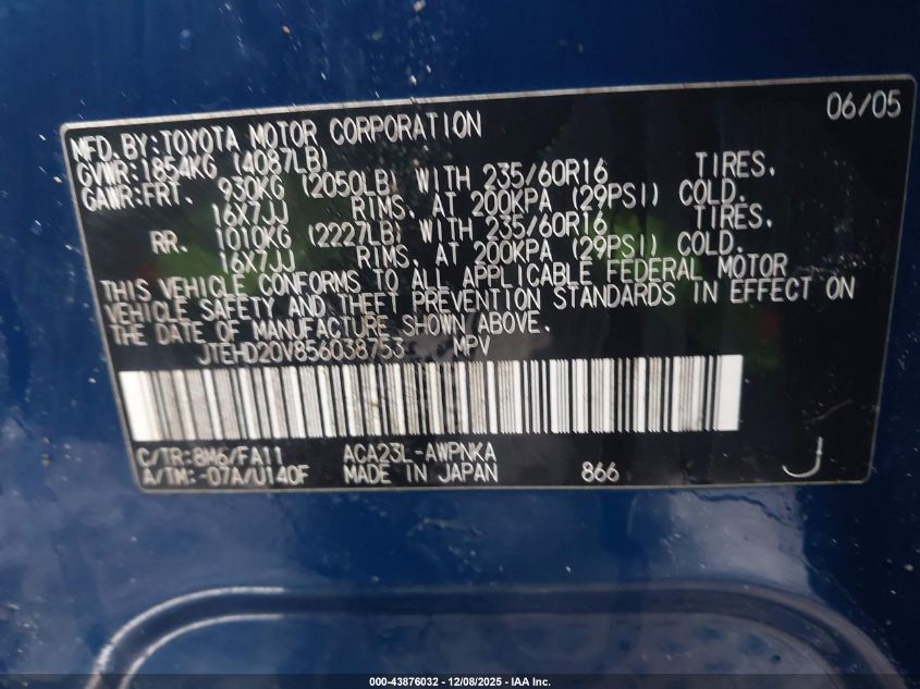 2005 Toyota Rav4 VIN: JTEHD20V856038753 Lot: 43876032