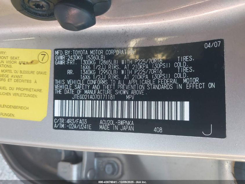 2007 Toyota Highlander VIN: JTEGD21A070171181 Lot: 43876041