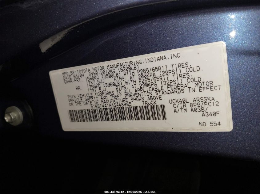 2004 Toyota Tundra Sr5 V8 VIN: 5TBBT44194S448985 Lot: 43876042