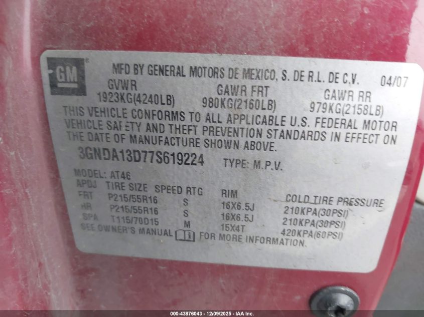 2007 Chevrolet Hhr Ls VIN: 3GNDA13D77S619224 Lot: 43876043