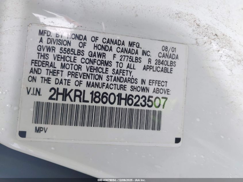 2001 Honda Odyssey Ex VIN: 2HKRL18601H623507 Lot: 43876054