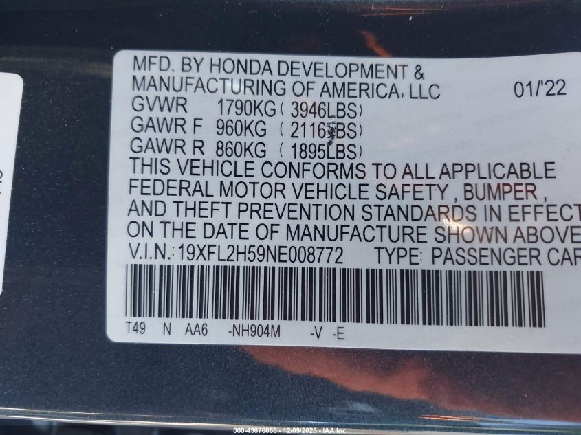 2022 Honda Civic Lx VIN: 19XFL2H59NE008772 Lot: 43876055