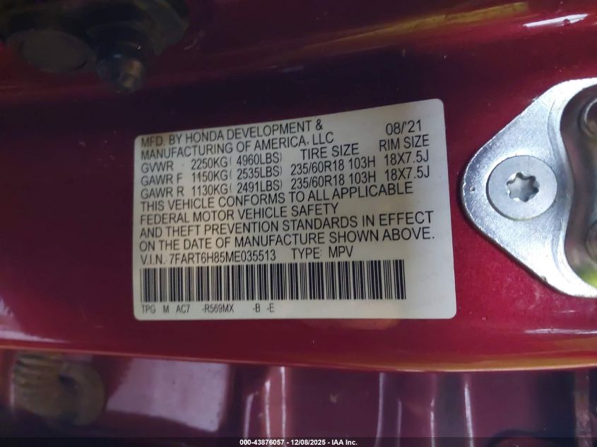 2021 Honda Cr-V Hybrid Ex-L VIN: 7FART6H85ME035513 Lot: 43876057