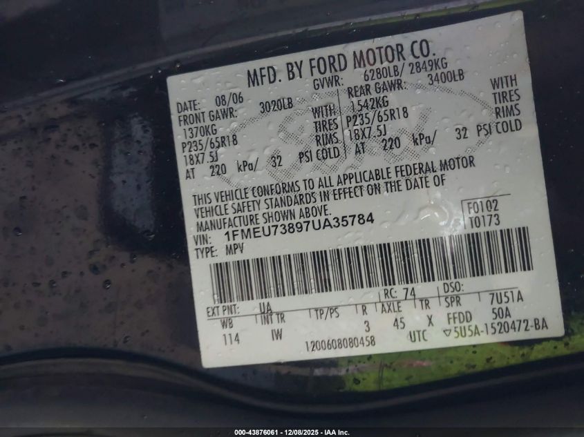 2007 Ford Explorer Xlt VIN: 1FMEU73897UA35784 Lot: 43876061