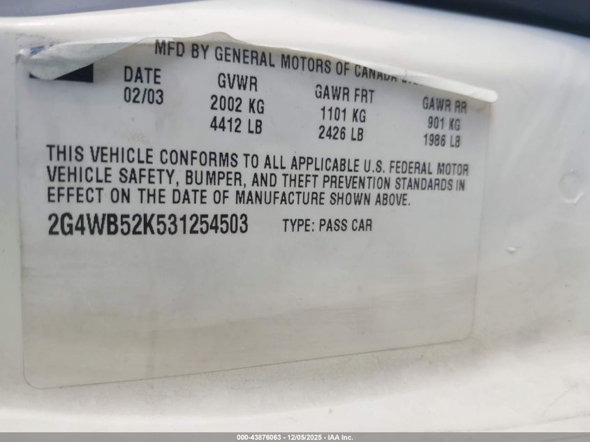 2003 Buick Regal Ls VIN: 2G4WB52K531254503 Lot: 43876063