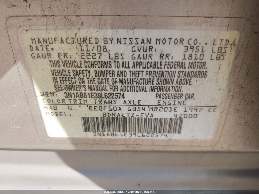 2009 Nissan Sentra 2.0S VIN: 3N1AB61E39L622574 Lot: 43876064