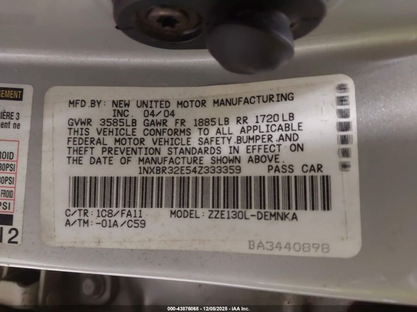 2004 Toyota Corolla Le VIN: 1NXBR32E54Z333359 Lot: 43876068