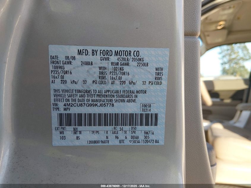 2009 Mercury Mariner Premier V6 VIN: 4M2CU87G99KJ05778 Lot: 43876069